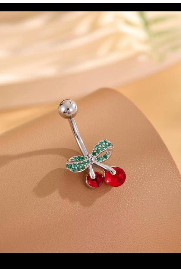 Ares Collection Cerrahi Çelik Zirkon Taşlı  Kiraz Model Gümüş Renk Göbek Piercingi - Image 1
