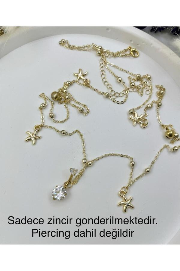 Ares Collection Gold Renk Dorika Toplu Deniz Yıldızlı Kararmaz Piercing Uyumlu Bel Göbek Zinciri - Image 1