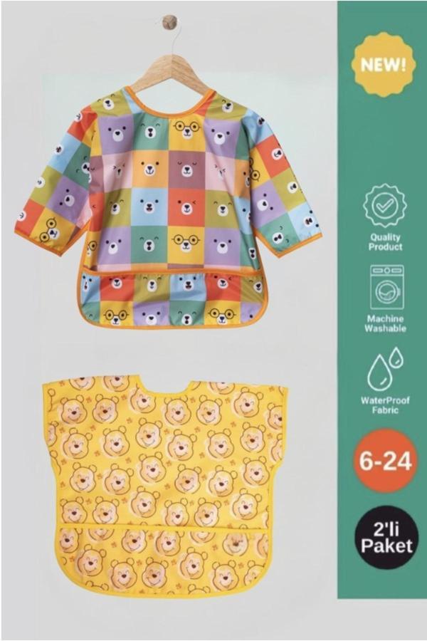 Anp Moda Tasarım	 Sıvı Geçirmez Aktivite ve Mama Önlüğü 0-36 Ay Uzun ve Kisa Kol 2’li Paket Bebek Önlük - Image 1