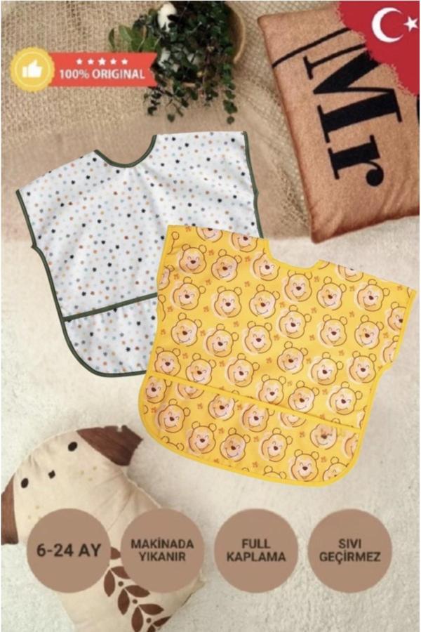 Anp Moda Tasarım	 Sıvı Geçirmez Bebek Önlüğü 2’li | Mama & Aktivite, Kolsuz, 0-36 Ay – Sarı Ayıcık & Renkli Yıldızlar - Image 1