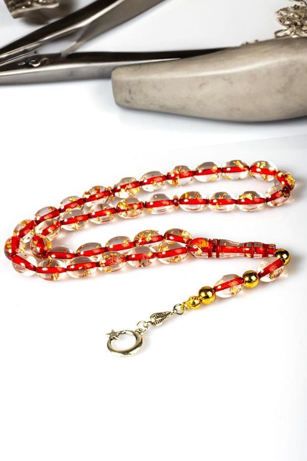 Arpa Taneli Kırmızı Renk Altın Varaklı Toz Kehribar Tesbih - Image 1