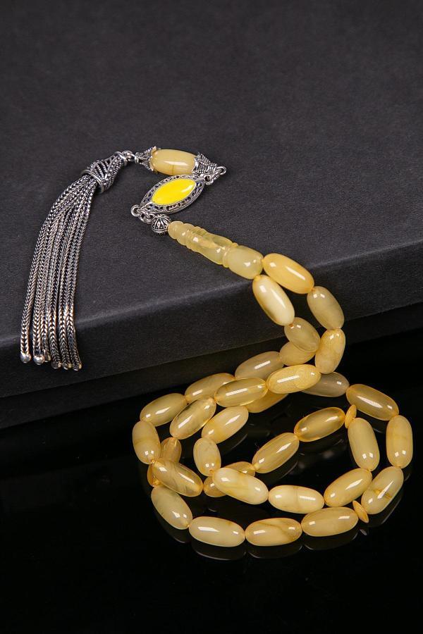 Uzun Arpa Gümüş Mine Püsküllü Boy Kaya Damla Kehribar Tesbih - Image 1