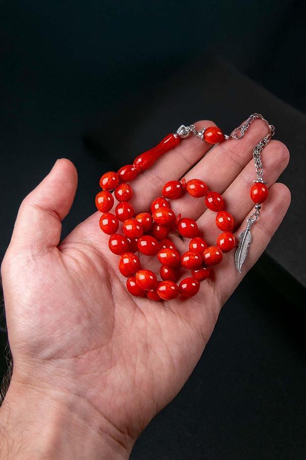 Damarlı Kımızı Tonlarda Sıkma Kehribar Tesbih - Image 1