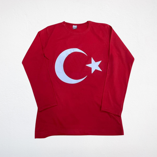 Ay Yıldız Baskılı Uzun Kollu Çocuk Tişört – Kompakt Penye - Image 1