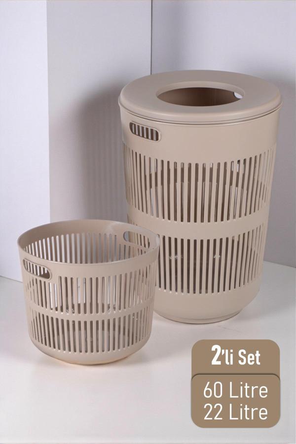 İronika Solara İkili Dekoratif Kirli Çamaşır Sepeti Seti Oyuncak Sepeti 60 - 22 Litre Kahve - Image 1
