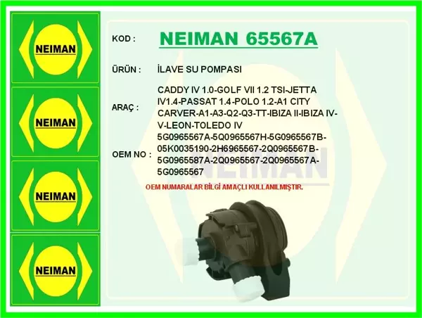 İLAVE SU POMPASI CADDY 4 1.0-GOLF 7 1.2 TSI-JETTA 41.4-PASSAT 1.4-POLO 1.2-A1 CITY CARVER-A1-A3- 5G0965567A 5Q0965567H 5G0965567B 05 - Image 1