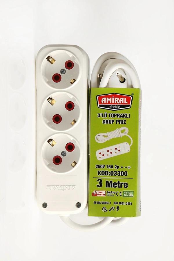 Amiral 3' Lü Topraklı 3 Metre Kablolu Grup Priz - Image 1