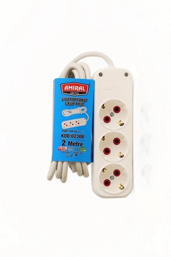 Amiral 3' Lü Topraklı 2 Metre Kablolu Grup Priz - Image 1