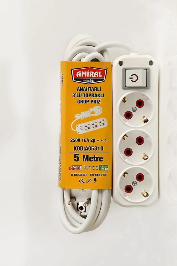 Amiral 3' Lü Topraklı Anahtarlı 5 Metre Kablolu Grup Priz - Image 1