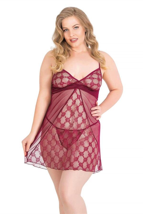MDB MdbShop Büyük Beden Bordo Kısa Tül Gecelik - Image 1