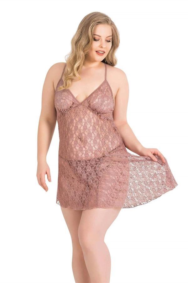 MDB MdbShop Büyük Beden Vizon Kısa Tül Gecelik - Image 1