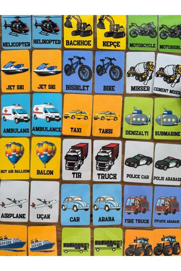 Renkli Zeka İNgi̇Li̇Zce Türkçe Eği̇Ti̇Ci̇ Eşleşti̇Rme Hafiza Zeka Kartlari Taşitlar( Yirtilmaz Ve Yipranmaz) - Image 1