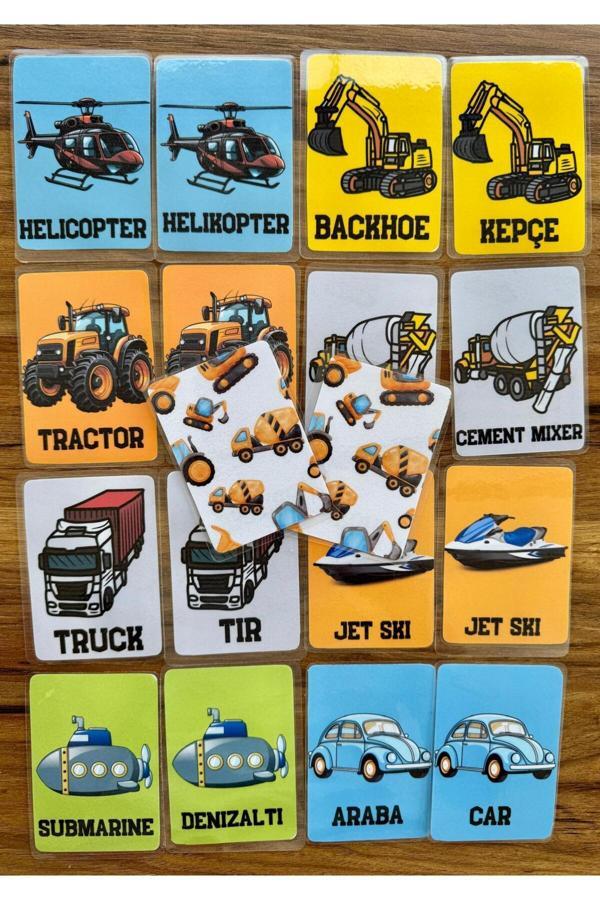 Renkli Zeka Yırtılmaz Yıpranmaz İngilizce Türkçe Eğitici Eşleştirme Hafıza Zeka Kartları Taşıtlar1 - Image 1