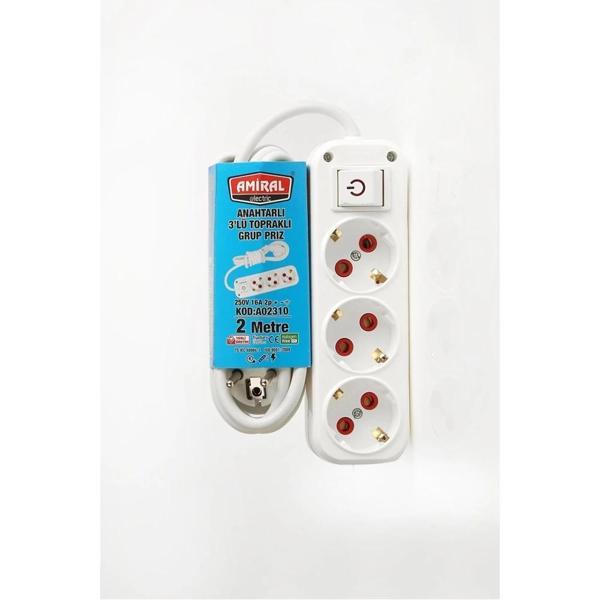 Amiral 3' lü Topraklı Anahtarlı 2 Metre Kablolu Grup Priz - Image 1
