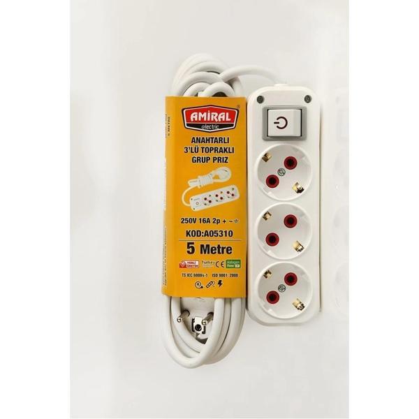 Amiral 3' lü Topraklı Anahtarlı 5 Metre Kablolu Grup Priz - Image 1