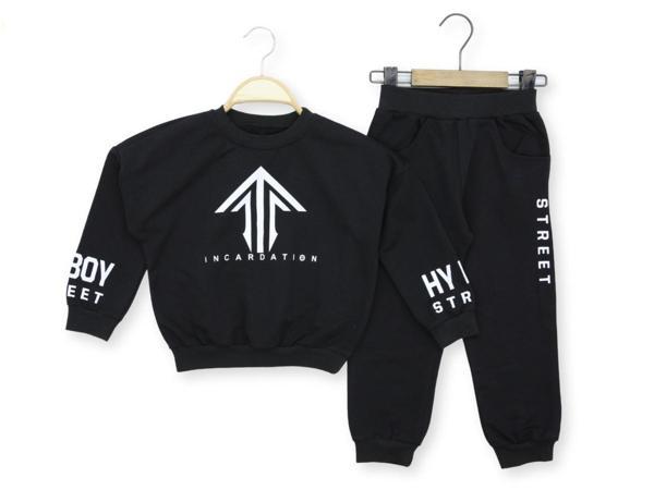 STREET BASKILI İKİ İPLİK ALT ÜST TAKIM - TPY1145-Siyah-5 Yaş Siyah - Image 1