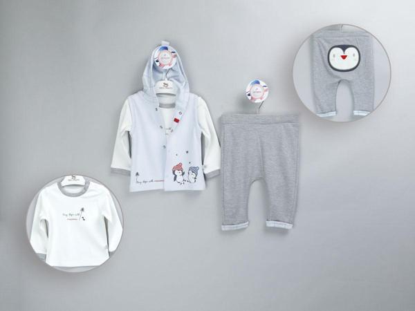 PENGUEN BASKI NAKIŞLI KAPÜŞONLU YELEKLİ ÜÇLÜ PENYE ALT ÜST TAKIM - KTS40006-Mavi-9 Ay Mavi - Image 1