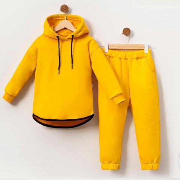 KAPÜŞONLU BİYELİ ÜÇ İPLİK ŞARDONLU ALT ÜST TAKIM - BP-1612-Sarı-2 Yaş Sarı - Image 1
