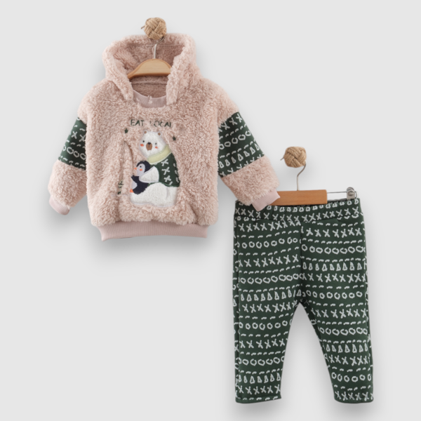 WINTER ADVENTURE KAPÜŞONLU PELUŞ ALT ÜST TAKIM - NEC254024-Haki-6 - 9 Ay Haki - Image 1