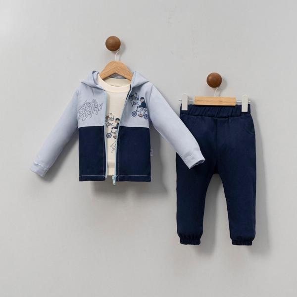 BASKILI KAPÜŞONLU ÜST DENIM PANTOLONLU ÜÇLÜ TAKIM - BBX-0981-Mavi-24 Ay Mavi - Image 1