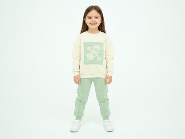 PARÇALI ÇİÇEK BASKILI ÜÇ İPLİK ŞARDONLU ALT ÜST TAKIM - BRK2313-Çağla Yeşili-3 Yaş Çağla Yeşili - Image 1