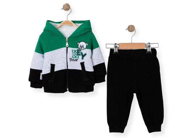 HEY BEAR NAKIŞLI KAPÜŞONLU PELUŞLU HIRKALI İKİLİ ALT ÜST TAKIM - Yeşil - 18 Ay - SDL6043-Yeşil-18 Ay Yeşil - Image 1