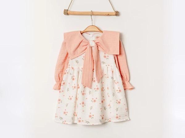 ÇİÇEKLİ YAKA FİYONK DETAYLI ELBİSE - SOF3550-Somon-6 - 9 Ay Somon - Image 1