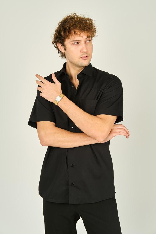 Figs Erkek Kısa Kollu Tek Cep Detaylı Pamuklu Gömlek 1000 Siyah - Image 1