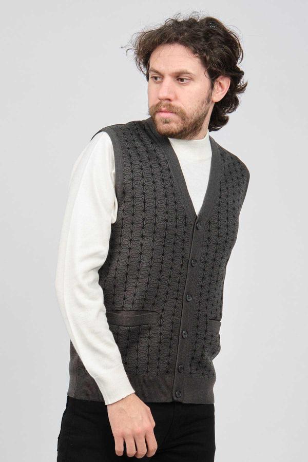 Ateş Triko Erkek Cep Detaylı Düğmeli Desenli Yelek 6091732 Füme - Image 1