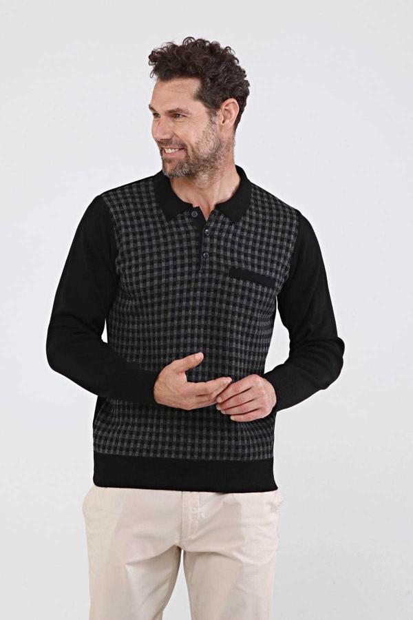 Çizgi Triko Erkek Polo Yaka Çelik Örgü Triko Kazak 4605F Siyah - Image 1