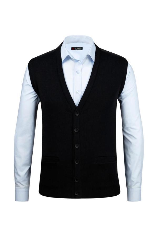 Çizgi Triko Erkek Büyük Beden V Yaka Düğmeli Desenli Çelik Örgü Yelek 4241LB Siyah - Image 1
