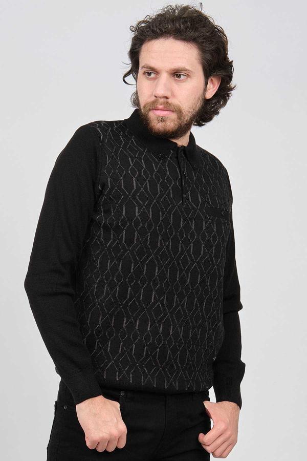 Çizgi Triko Erkek Düğme Detaylı Polo Yaka Kazak 4253056 Siyah - Image 1