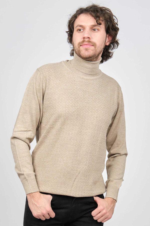 Ateş Triko Erkek Balıkçı Yaka Desenli Yün Kazak 6091598 Bej - Image 1