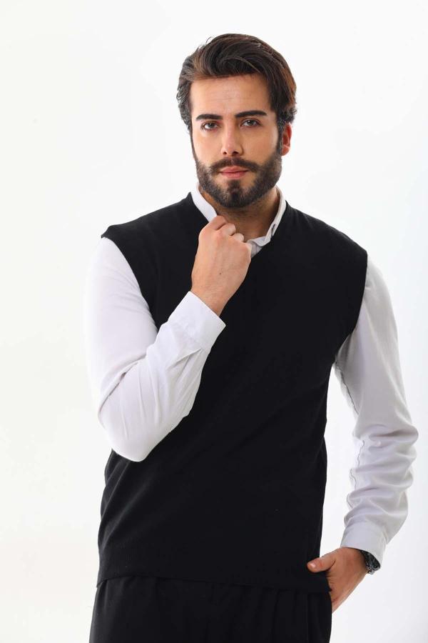 Günay Erkek V Yaka Yün Süveter 0108 Siyah - Image 1