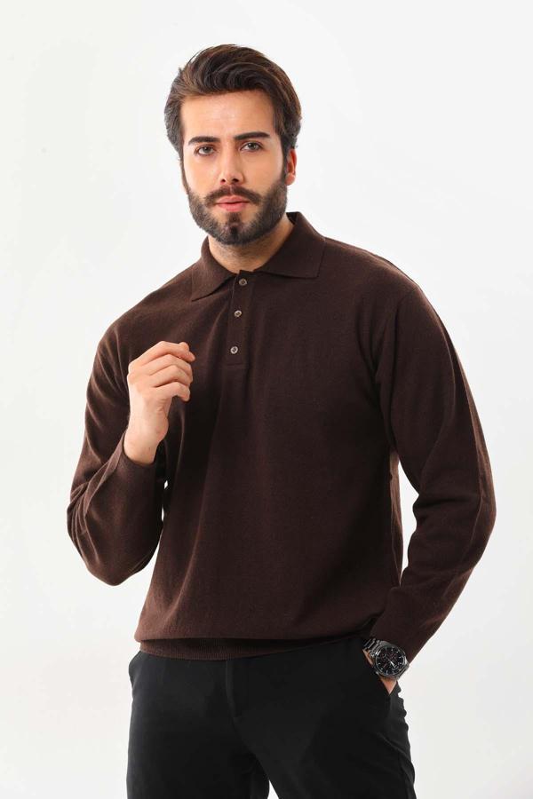 Ersin Triko Erkek Polo Yaka Yün Kazak 4135 Kahverengi - Image 1