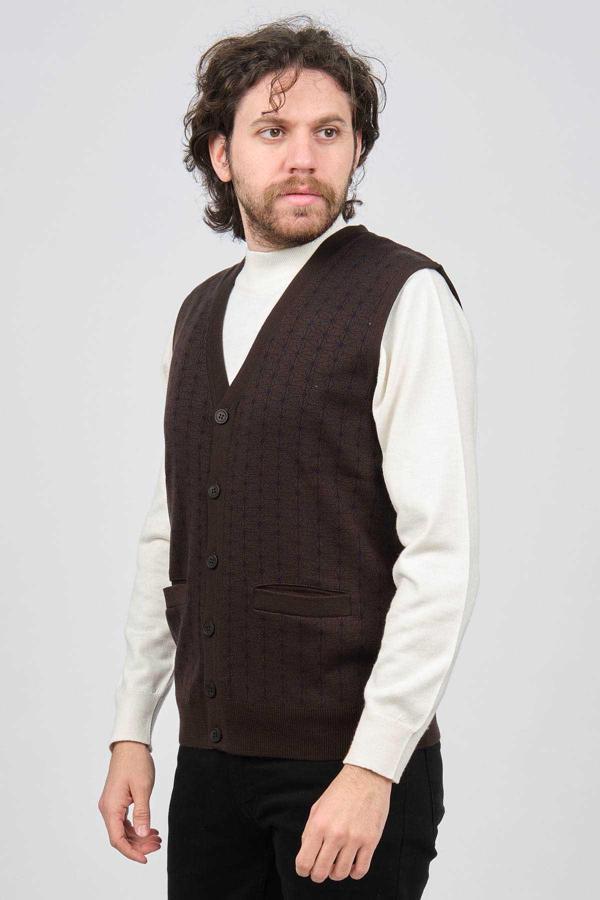 Ateş Triko Erkek Cep Detaylı Düğmeli Desenli Yelek 6091732 Kahverengi - Image 1