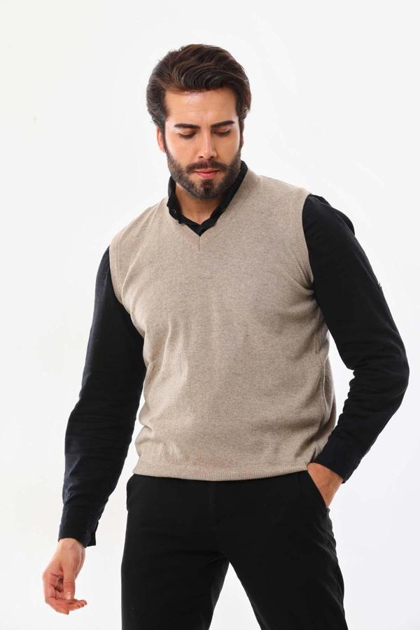 Günay Erkek V Yaka Yün Süveter 0108 Bej - Image 1