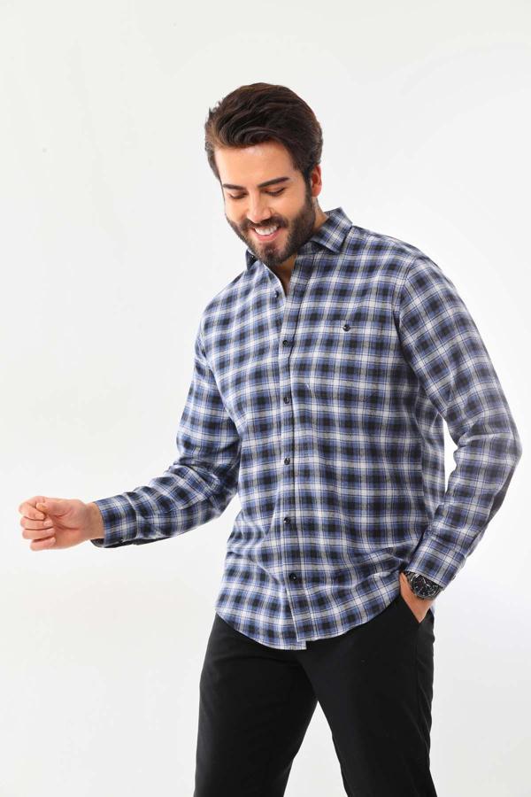 Marisso Erkek Cep Detaylı Uzun Kol %100 Pamuk Gömlek 019SRA Mavi - Image 1