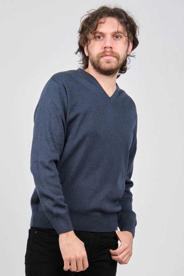 Ateş Triko Erkek V Yaka Düz Kazak 6091026 Indigo - Image 1