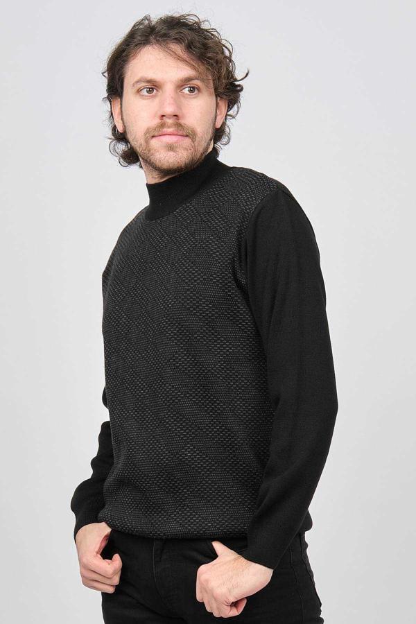 Ateş Triko Erkek Yarım Balıkçı Desenli Yün Kazak 6091484 Siyah - Image 1