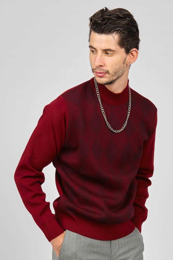 Pave Erkek Baklava Desenli Yünlü Kazak 4539200 Bordo - Image 1