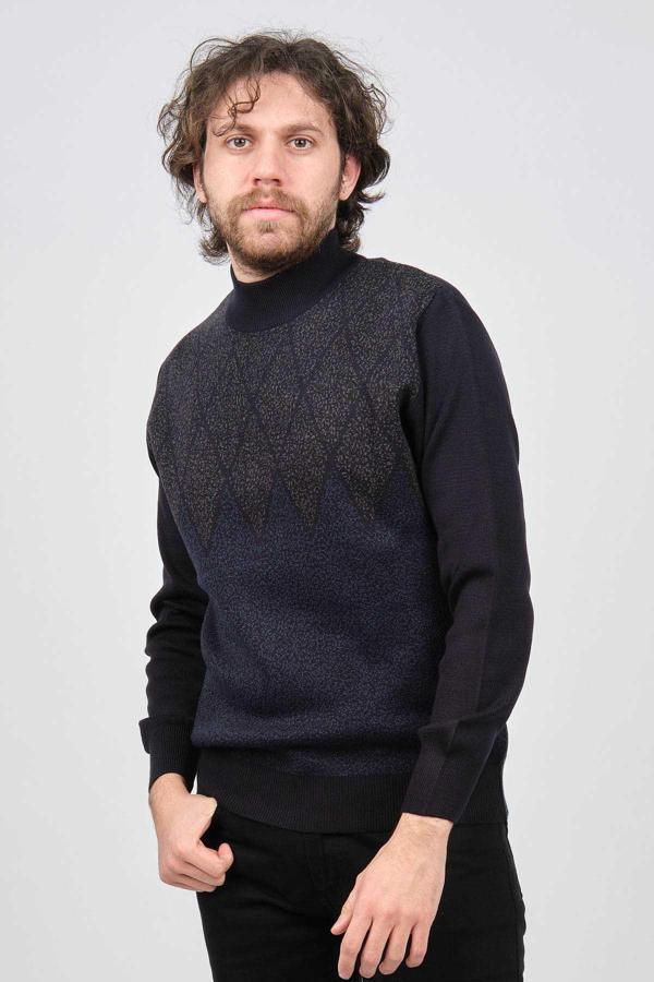 Ateş Triko Erkek Yarım Balıkçı Yaka Desenli Kazak 6091804 Lacivert - Image 1