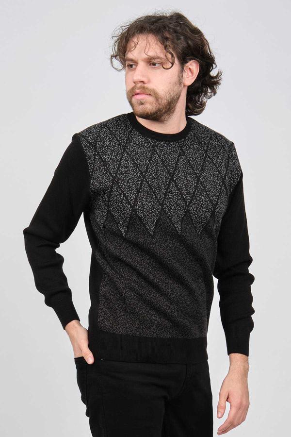 Ateş Triko Erkek Bisiklet Yaka Desenli Kazak 6091805 Siyah - Image 1