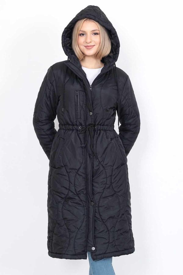 Setare Kadın Kapüşonlu Belden Bağlamalı Uzun Mont 0699 Siyah - Image 1