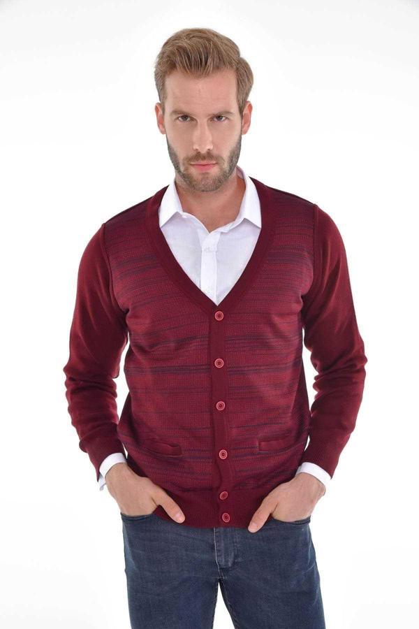 Çizgi Triko Erkek Çift Cepli Çelik Örgü Triko Hırka 4225M Bordo - Image 1