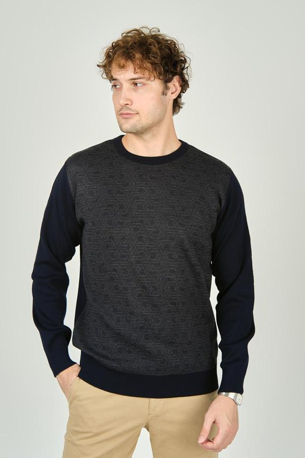Ateş Triko Erkek Bisiklet Yaka Desenli Yün Kazak 3035 Lacivert - Image 1