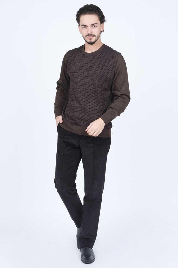 Ateş Triko Erkek Bisiklet Yaka Desenli Yün Kazak 6092255 A.Kahve - Image 1