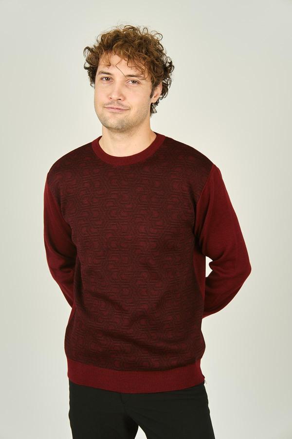 Ateş Triko Erkek Bisiklet Yaka Desenli Yün Kazak 3035 D.Bordo - Image 1