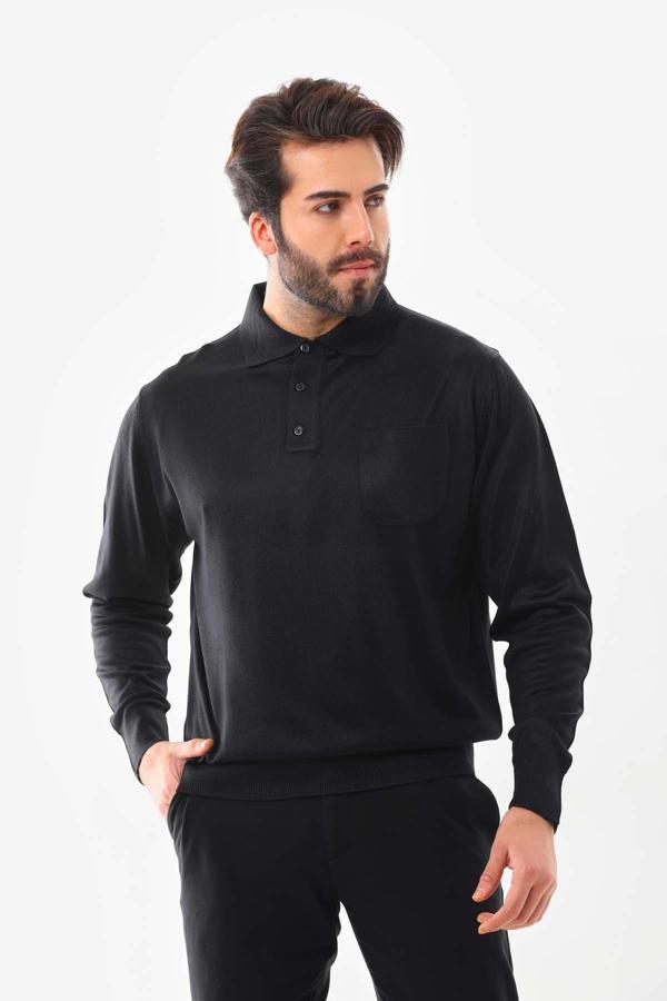 Günay Erkek Polo Yaka Cep Detaylı Yün Kazak 3000 Siyah - Image 1