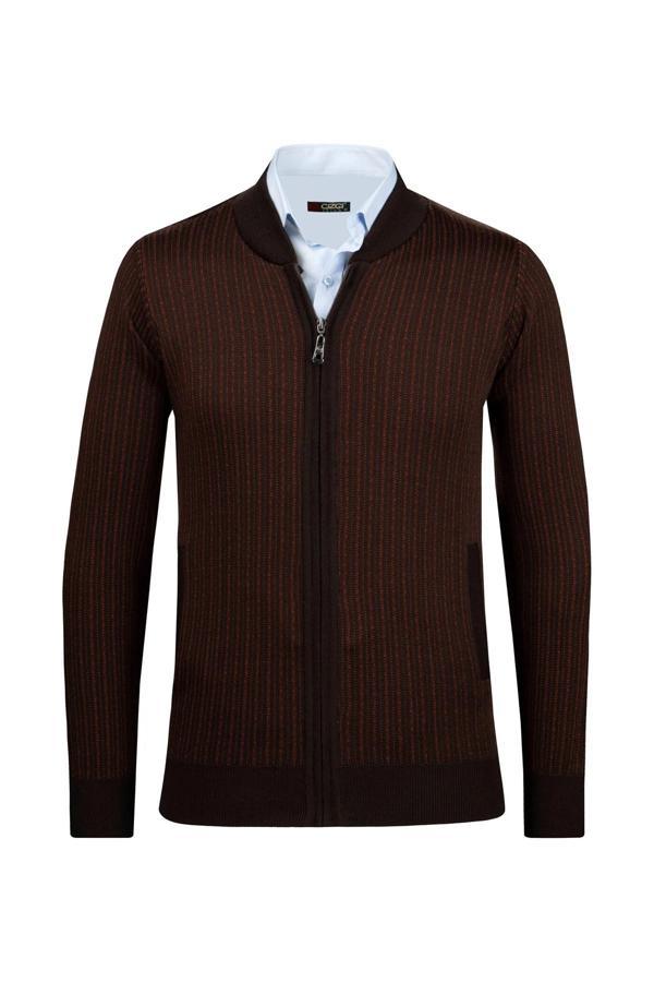 Çizgi Triko Erkek Fermuarlı Cep Detaylı Desenli Kol ve Bel Lastikli Çelik Örgü Ceket 5004K Kahverengi - Image 1